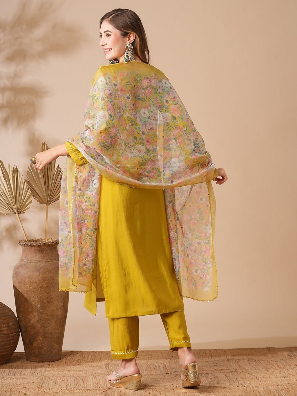 The52 Women's Beautiful Viscose Chanderi Fabric Embroidery Work Straight Kurta Pant and Dupatta Set | Grocsy