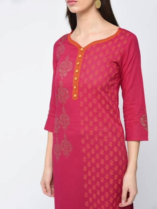 Aniyah Cotton Block Printed Traditional Straight Kurta In Magenta Color (AN-125K) | Grocsy