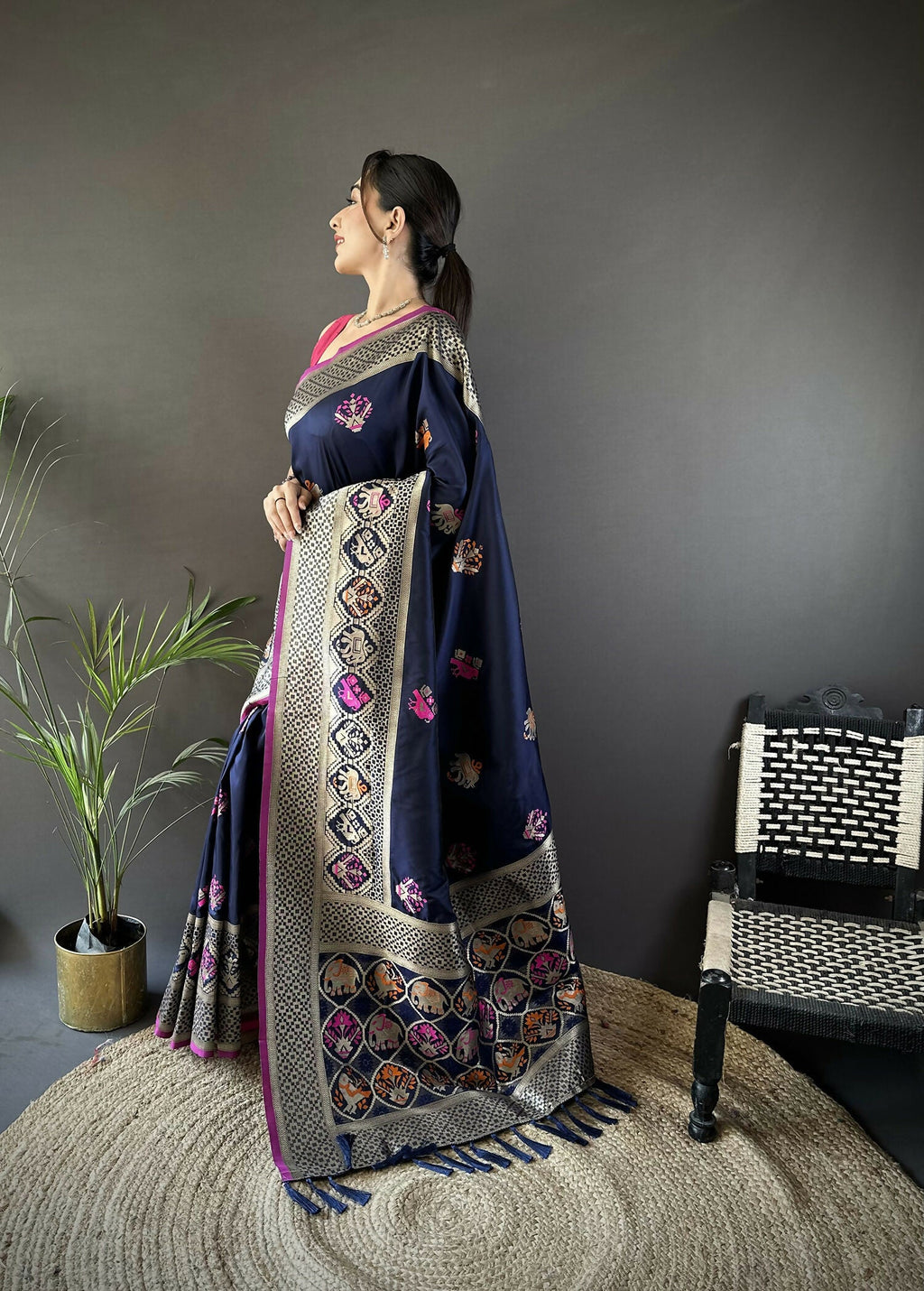 Joban Fashion Navy Blue Elephant & Floral Motifs Soft Lichi Silk Banarasi Saree | Grocsy