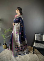 Joban Fashion Navy Blue Elephant & Floral Motifs Soft Lichi Silk Banarasi Saree | Grocsy