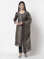 Myshka Black Chanderi Silk Embroidered 3/4 Sleeve Round Neck Kurta Pant Dupatta Set | Grocsy