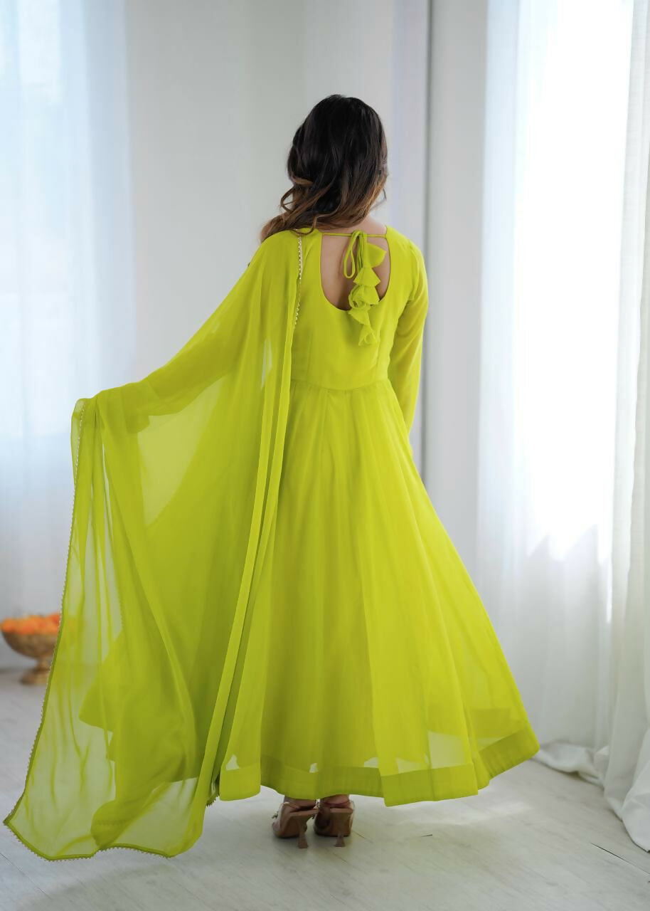 Teeya Creation Women'S Lime Parrot Green Solid Flared Anarkali Kurta With Dupatta Set | Grocsy