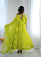 Teeya Creation Women'S Lime Parrot Green Solid Flared Anarkali Kurta With Dupatta Set | Grocsy