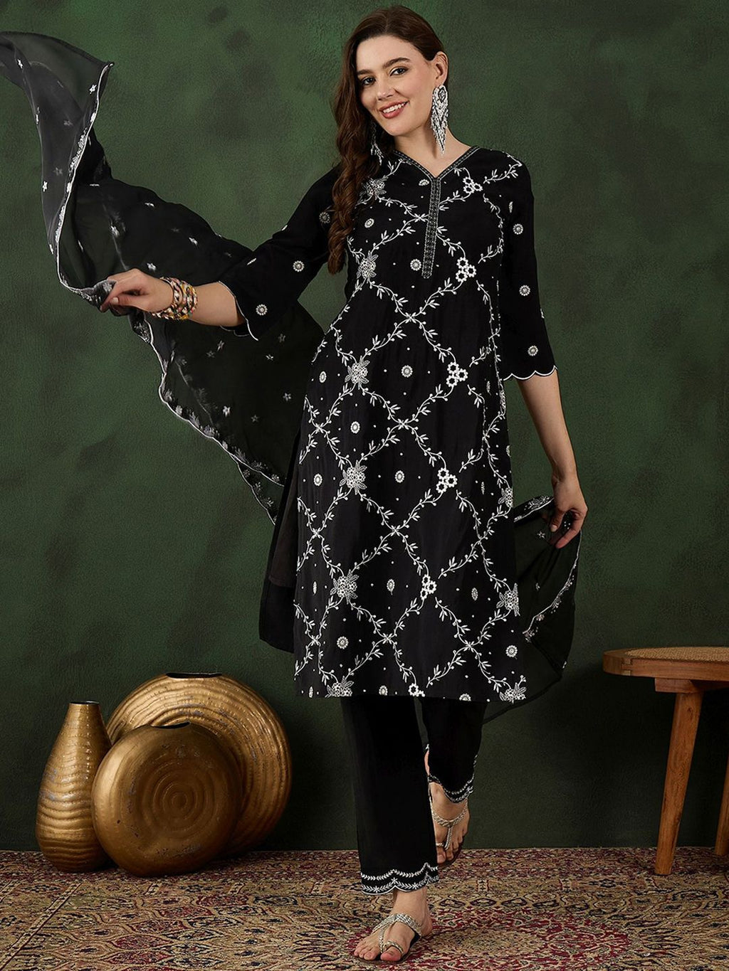 Sangria Embroidered Kurta & Trouser With Dupatta | Grocsy