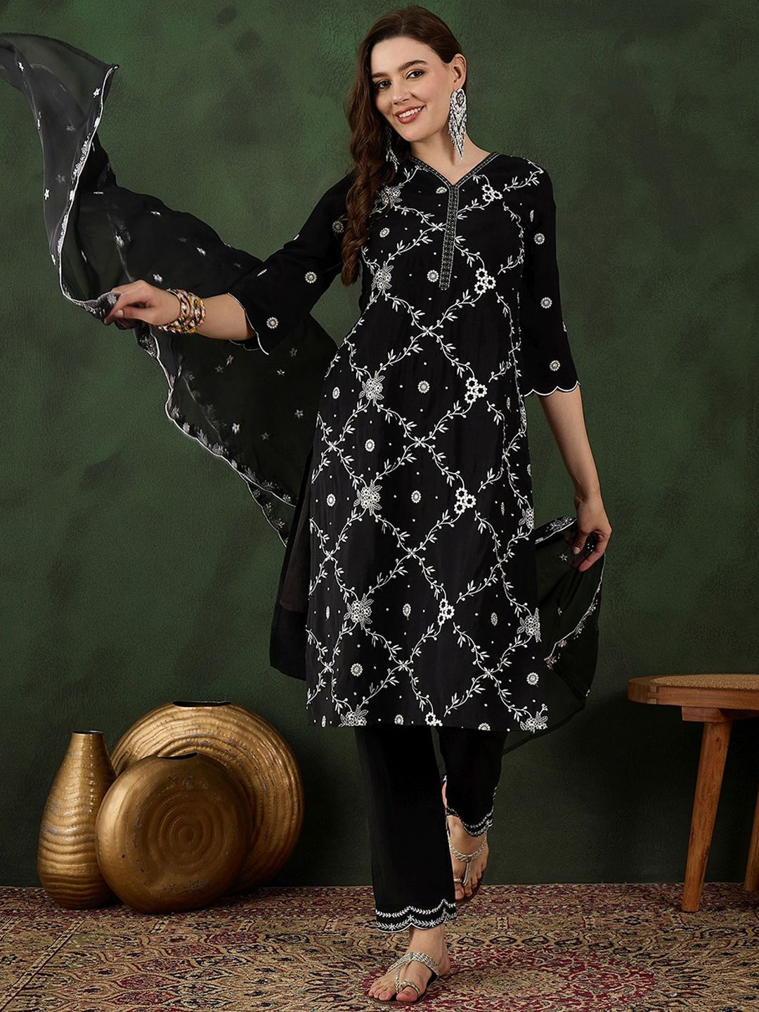 Sangria Embroidered Kurta & Trouser With Dupatta | Grocsy