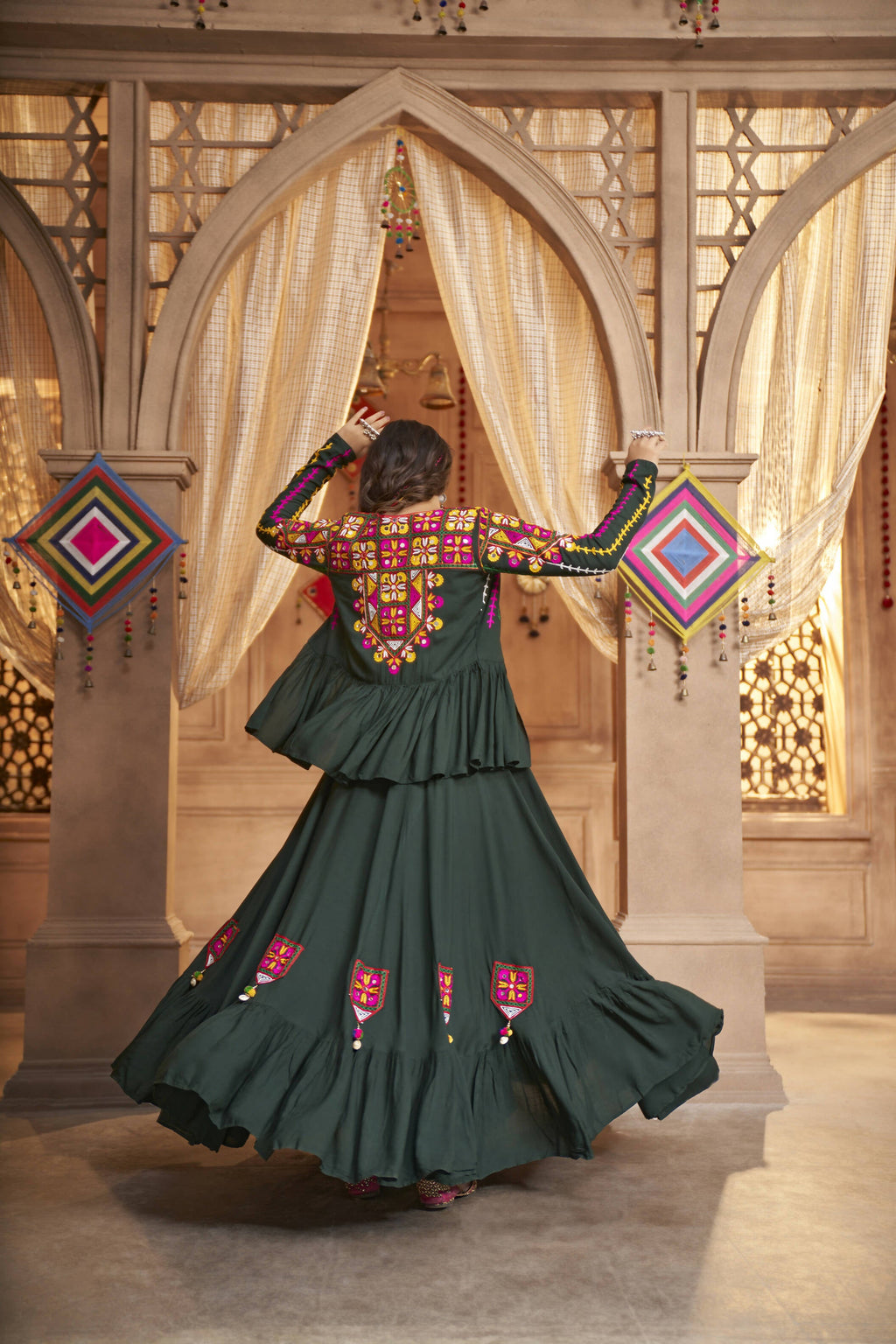 Green Viscose Rayon Thread Embroidered Work With Mirror All Over Navratri Lehenga Choli With Dupatta - Raas | Grocsy