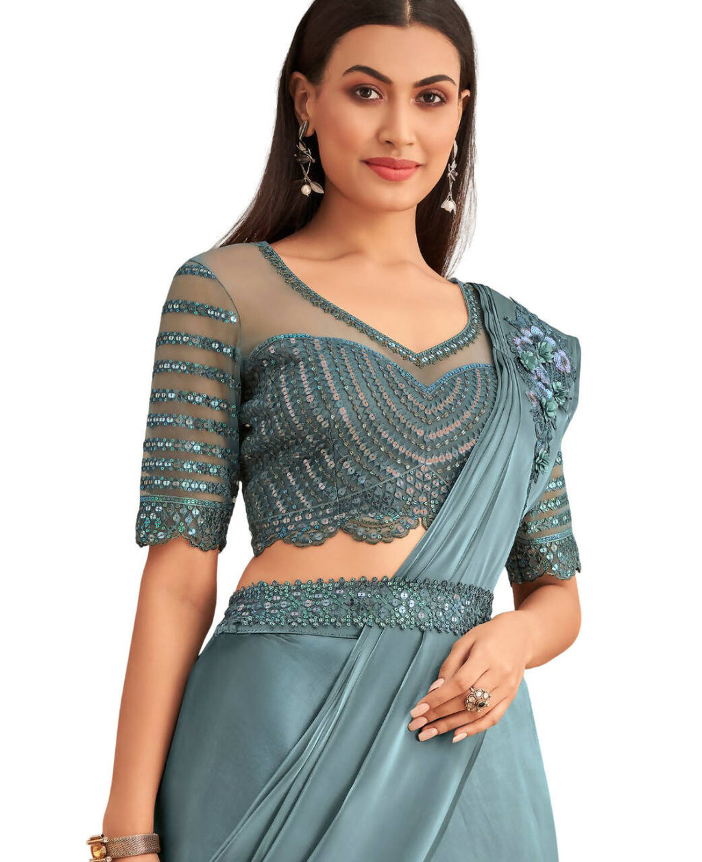 Blue Satin Embroidered Ready To Wear Saree With Unstitched Blouse Piece - Nandika | Grocsy