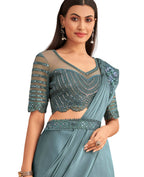 Blue Satin Embroidered Ready To Wear Saree With Unstitched Blouse Piece - Nandika | Grocsy