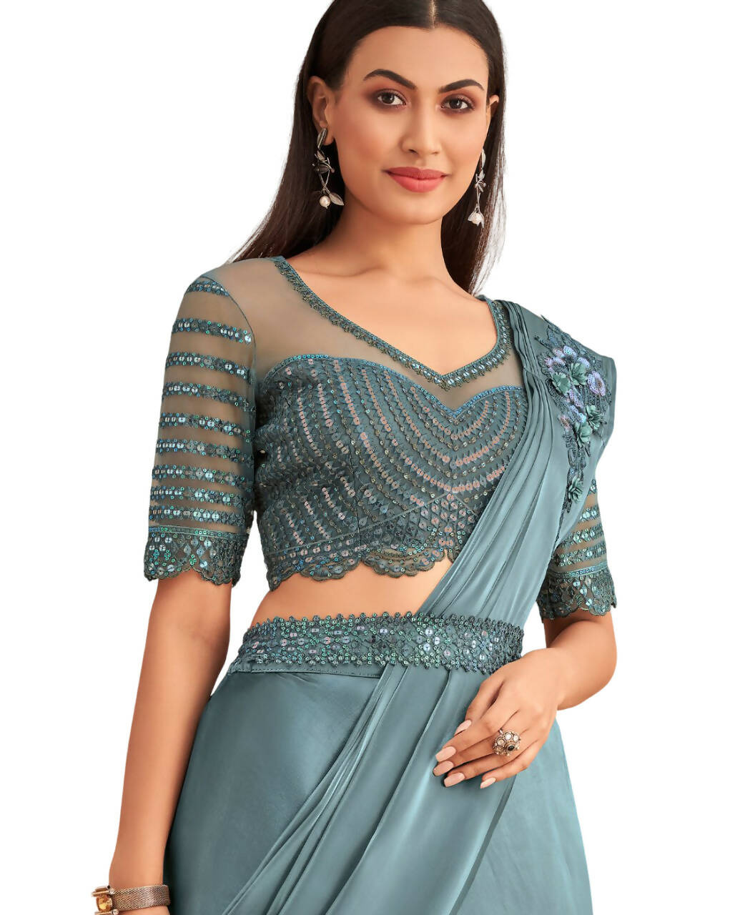 Blue Satin Embroidered Ready To Wear Saree With Unstitched Blouse Piece - Nandika | Grocsy