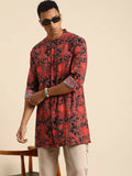 Red & Black Men pure Cotton Floral Printed Straight Kurta - Mahotsav | Grocsy