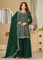 Faux Georgette Green Embroidered Gharara Style Suit - Emponline | Grocsy