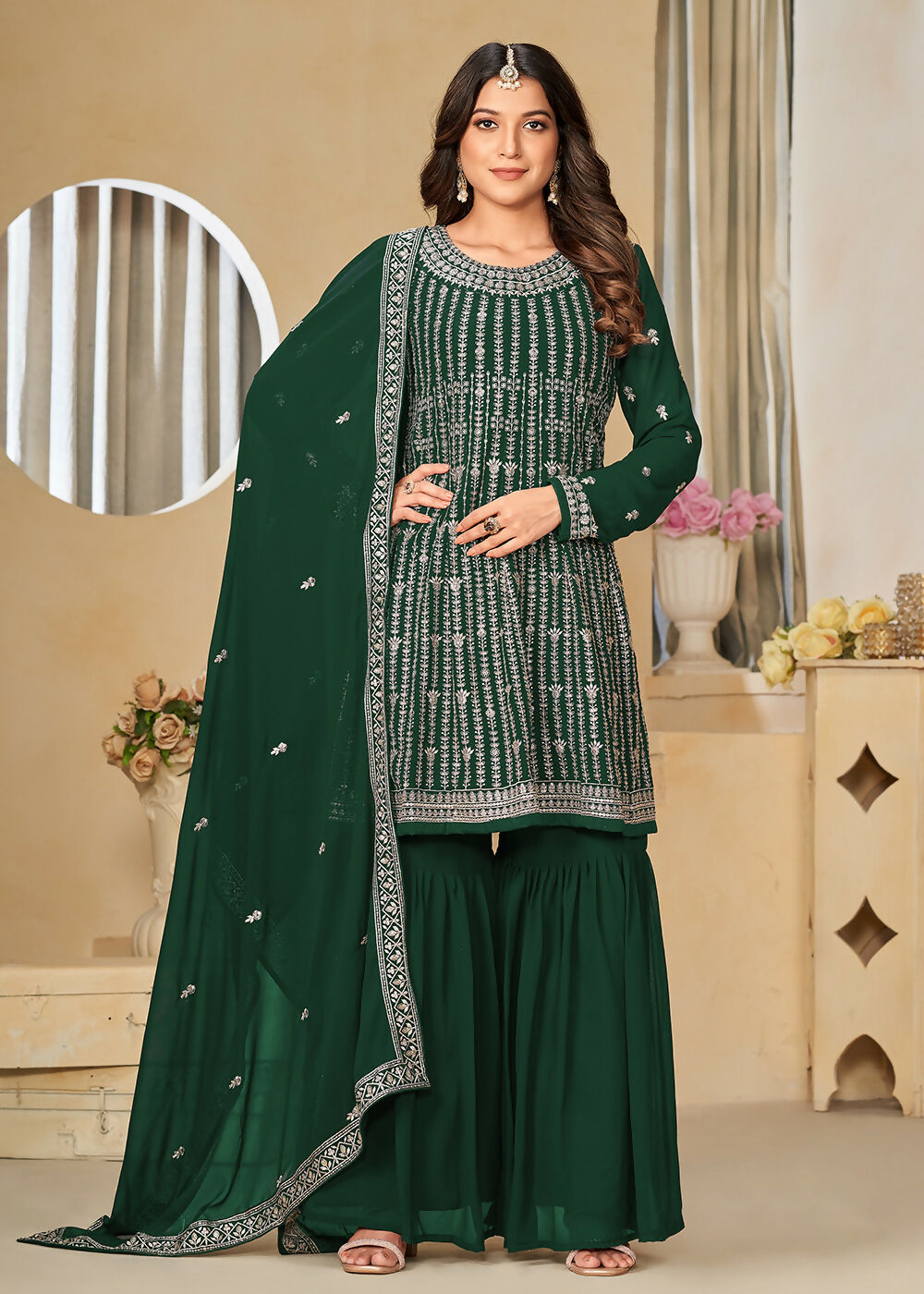 Faux Georgette Green Embroidered Gharara Style Suit - Emponline | Grocsy