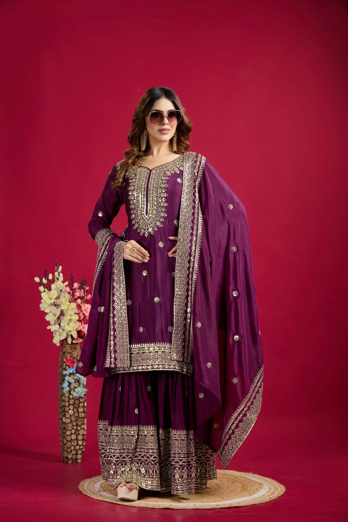 Joban Fashion Violet Kurta Set Silk Sequins , Zari, Coding & Thread Embroidered work | Grocsy