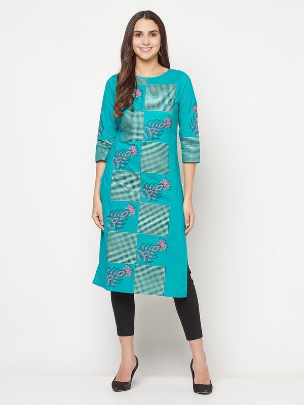 Aniyah Cotton Block Print Turquoise Straight Kurta | Grocsy