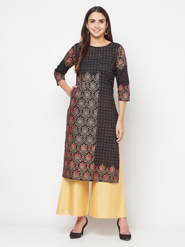 Aniyah Black Color Cotton Block Print Straight Kurta | Grocsy