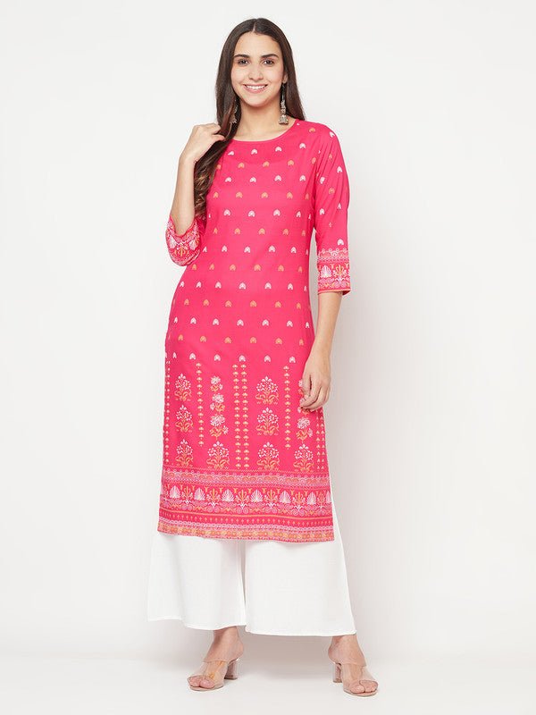 Aniyah Rayon Screen Print Fuchsia Straight Kurta | Grocsy