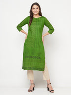 Aniyah Green Cotton Block print straight kurta | Grocsy