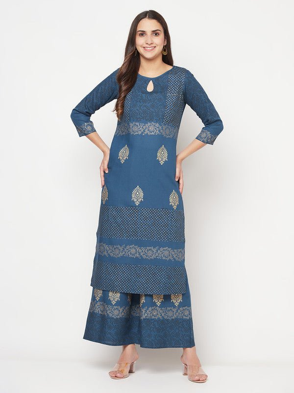 Aniyah Rayon Block Print Straight Blue Kurta | Grocsy