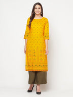 Aniyah Rayon Screen Print Mustard Straight Kurta | Grocsy