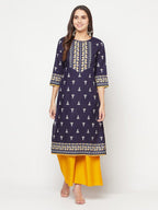 Aniyah Rayon Screen Print Navy Blue Straight Kurta | Grocsy