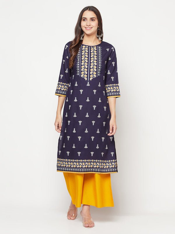 Aniyah Rayon Screen Print Navy Blue Straight Kurta | Grocsy