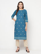 Aniyah Rayon Digital Screen Printed Blue Color Straight Kurta | Grocsy