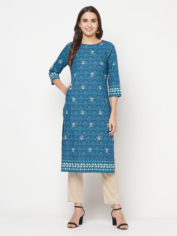 Aniyah Rayon Digital Screen Printed Blue Color Straight Kurta | Grocsy
