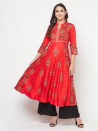 Aniyah Rayon Block Print Red Anarkali Kurta | Grocsy