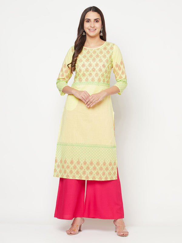 Aniyah Cotton Block Print Lemon Yellow Straight Kurta | Grocsy