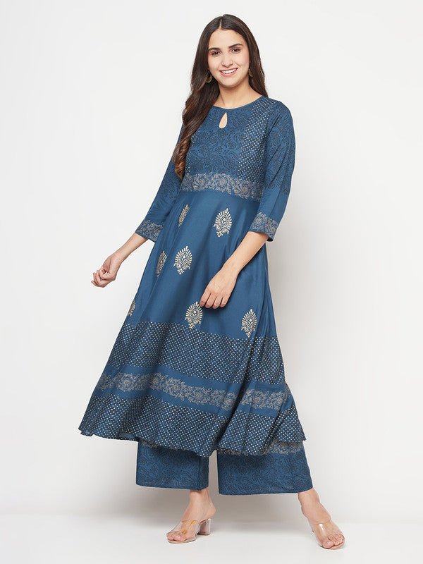 Aniyah Rayon Block Print Flared Slip-on Blue Palazzo | Grocsy