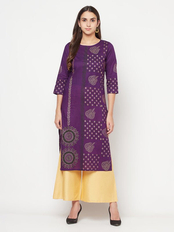 Aniyah Cotton Foil Print Purple Straight Kurta | Grocsy