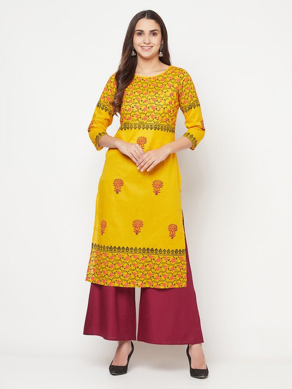 Aniyah Mustard Cotton Block Print Straight Kurta | Grocsy