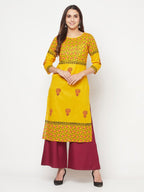 Aniyah Mustard Cotton Block Print Straight Kurta | Grocsy