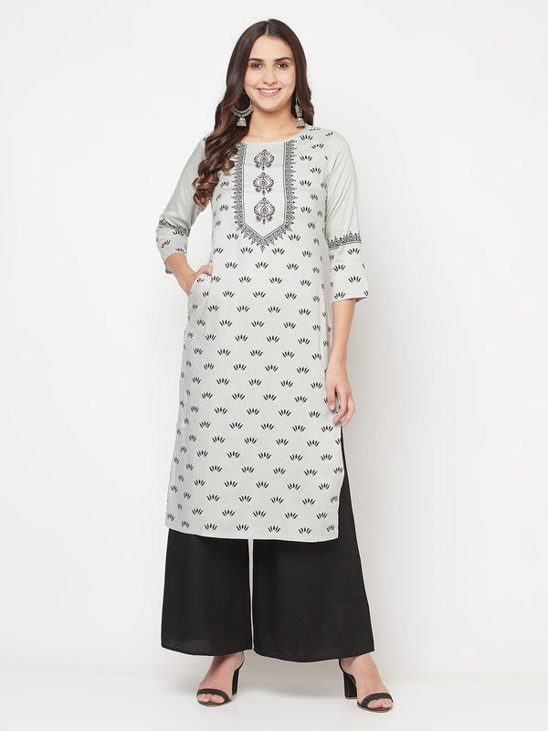 Aniyah Rayon Screen Print Light Grey Straight Kurta | Grocsy