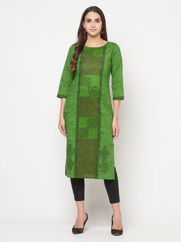 Aniyah Cotton Block Print Green Straight Kurta | Grocsy
