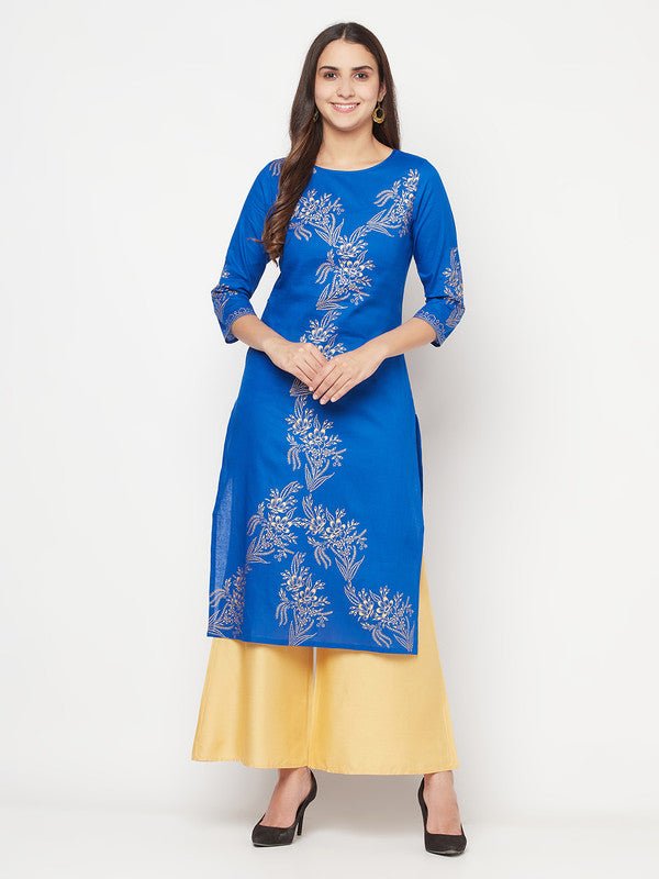 Aniyah Cotton Foil Print Royal Blue Straight Kurta | Grocsy