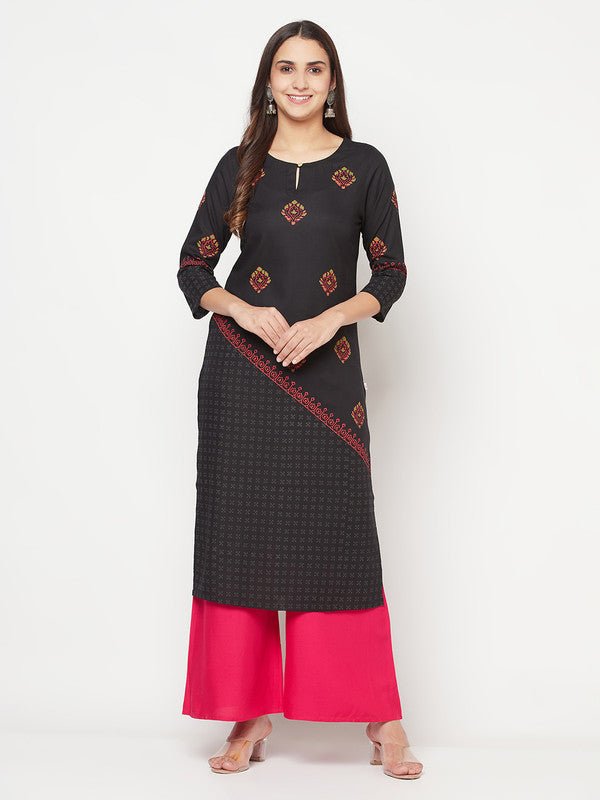 Aniyah Rayon Block Print Straight Kurta - Black | Grocsy