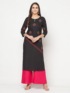 Aniyah Rayon Block Print Straight Kurta - Black | Grocsy