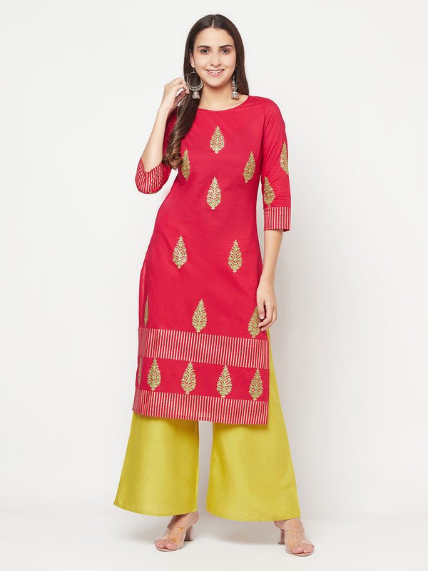 Aniyah Cotton Block Print Fuchsia Color Straight Kurta | Grocsy