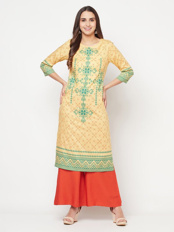 Aniyah Rayon Digital Screen Print Golden Beige Straight Kurta | Grocsy