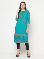 Aniyah Turquoise Cotton Block Print Straight Kurta | Grocsy