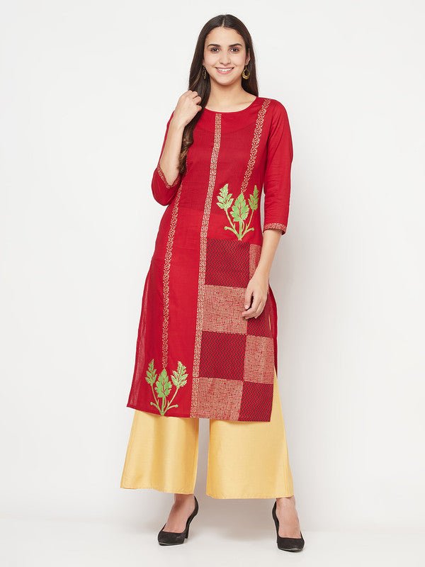 Aniyah Cotton Foil Print Maroon Straight Kurta | Grocsy