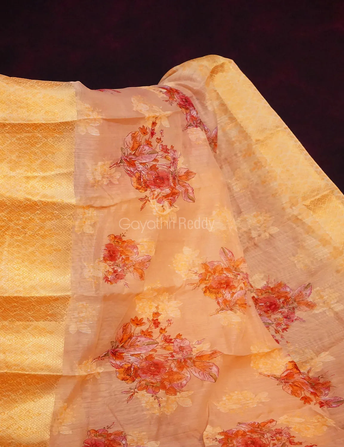 Baby Pink Colour With Golden Blouse Floral Print Semi Chanderi Saree By Gayathri Reddy Designer Studio | Grocsy