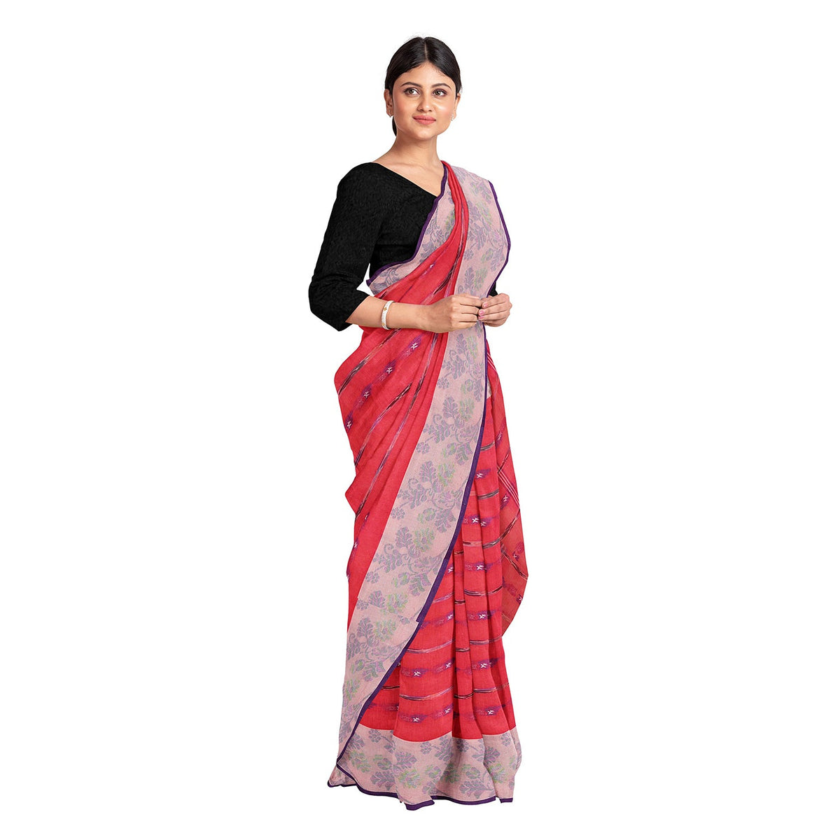 Exclusive Collection 100% Pure Cotton Red Tant Saree With Hand Weaving Work | Grocsy