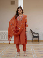 Pramukh Fab Rust Color Viscose Mango Silk Kurta Set | Grocsy