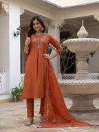 Pramukh Fab Rust Color Viscose Mango Silk Kurta Set | Grocsy
