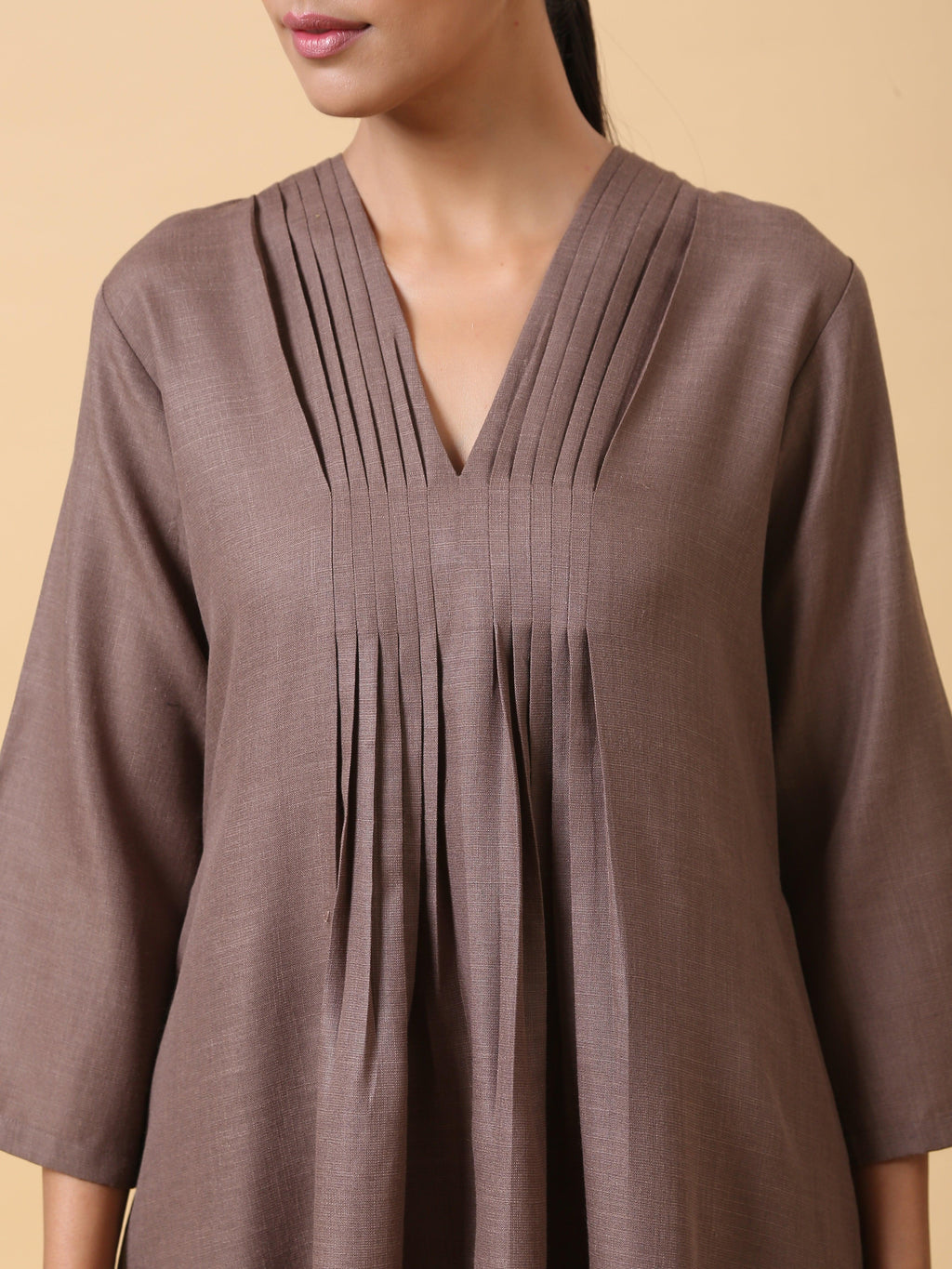 trueBrowns Cotton Linen Burnt Brown Pleated Co-Ord Set | Grocsy