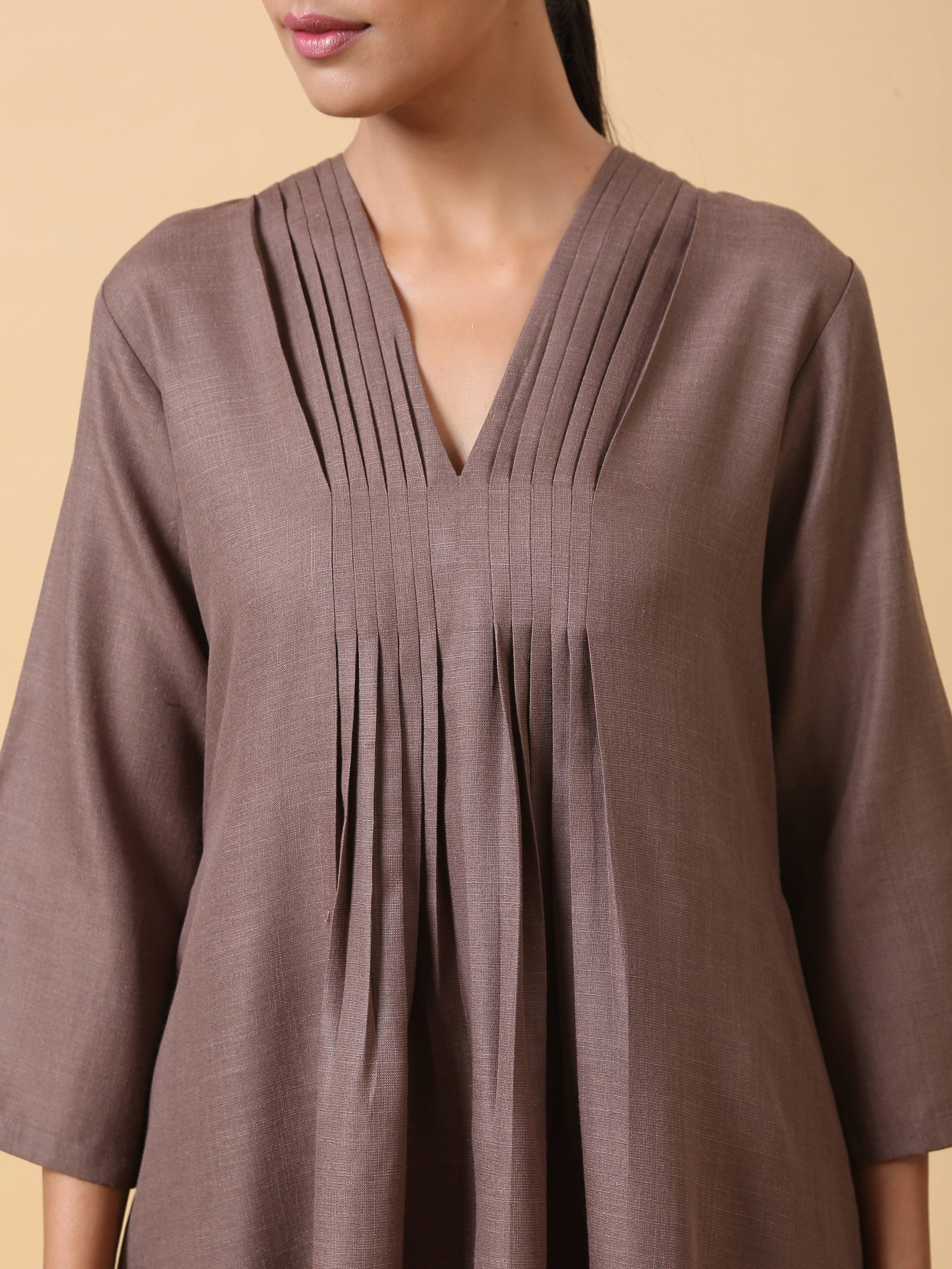 trueBrowns Cotton Linen Burnt Brown Pleated Co-Ord Set | Grocsy
