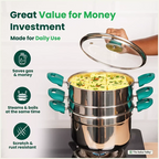 The Indus Valley Tri-steel Multi Cooker Pot Premium Stainless Steel Momo Maker/ Idiyappam/ Biryani/  Veg Steaming Set, 3 Pots, 21cm | Grocsy