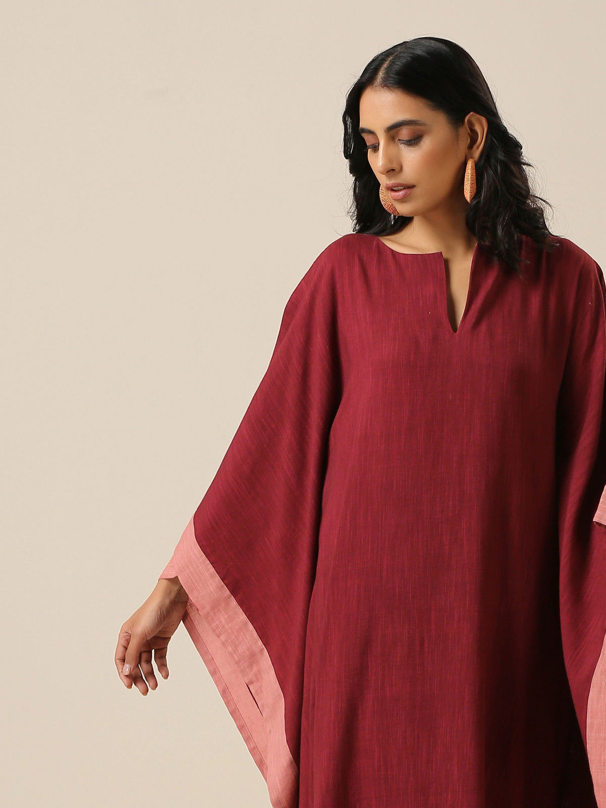 trueBrowns Ruby Wine Slub Texture High Low Kaftan Pant Set | Grocsy